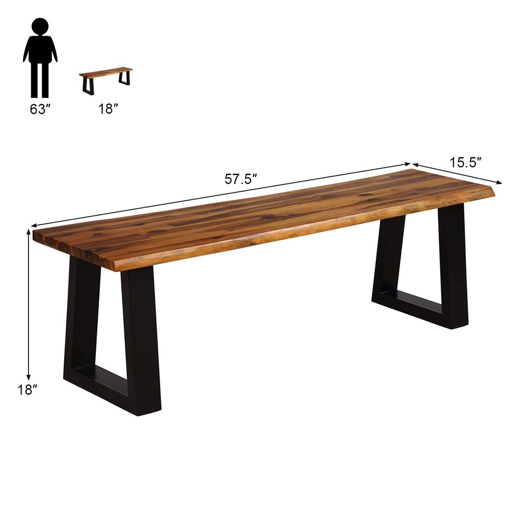 57.5" Live Edge Acacia Wood Outdoor Dining Bench with Metal Legs H813
