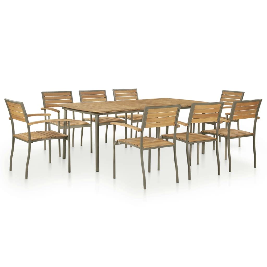 9 Piece Natural Wood and Grey Metal Outdoor Dining Set B371
