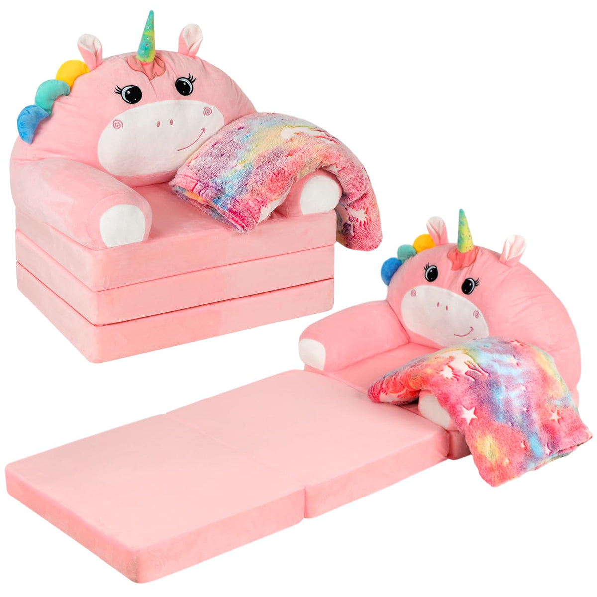 2-in-1 Fold Out Kids Sofa with Flannel Blanket A603875