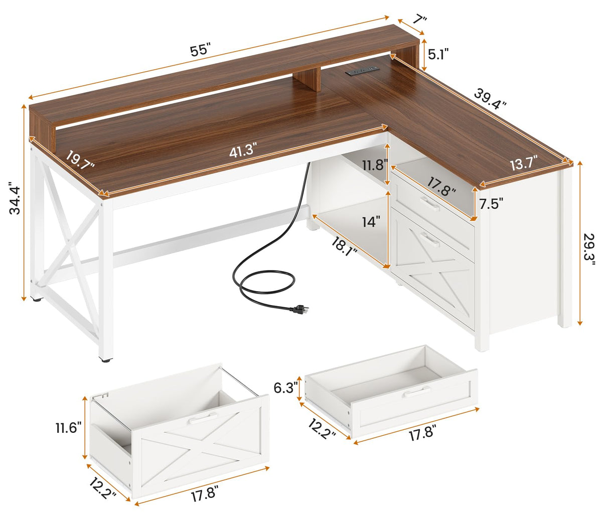 Brown L Shaped Desk with Drawers and Storage Shelves E987737