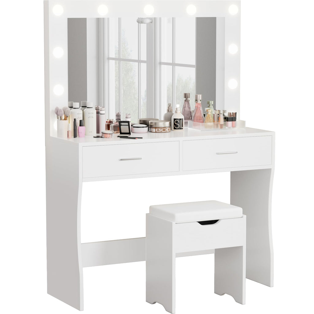 White Vanity Desk Set with Lighted Mirror and 2 Drawers L648