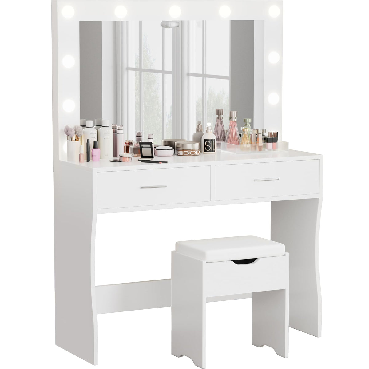 White Vanity Desk Set with Lighted Mirror and 2 Drawers L648