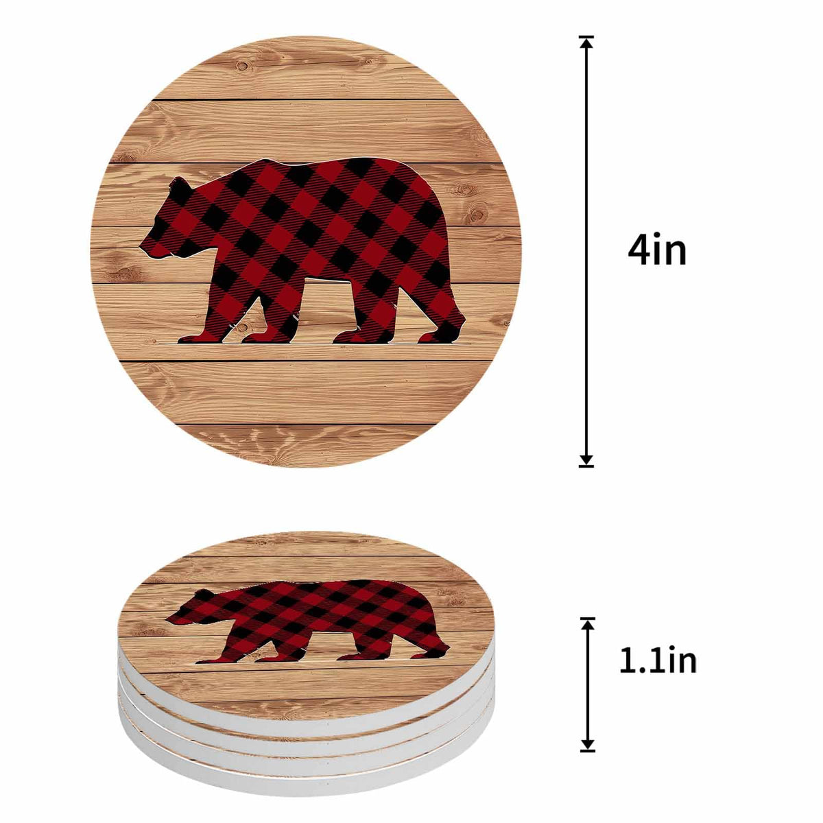 Red Black Plaid Bear Ceramic Coasters Set of 6 with Holder A425