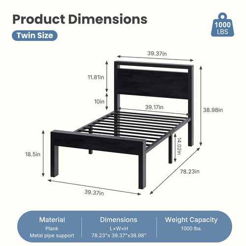 14 Inch Twin Size Metal Bed Frame with Wood Headboard U8116