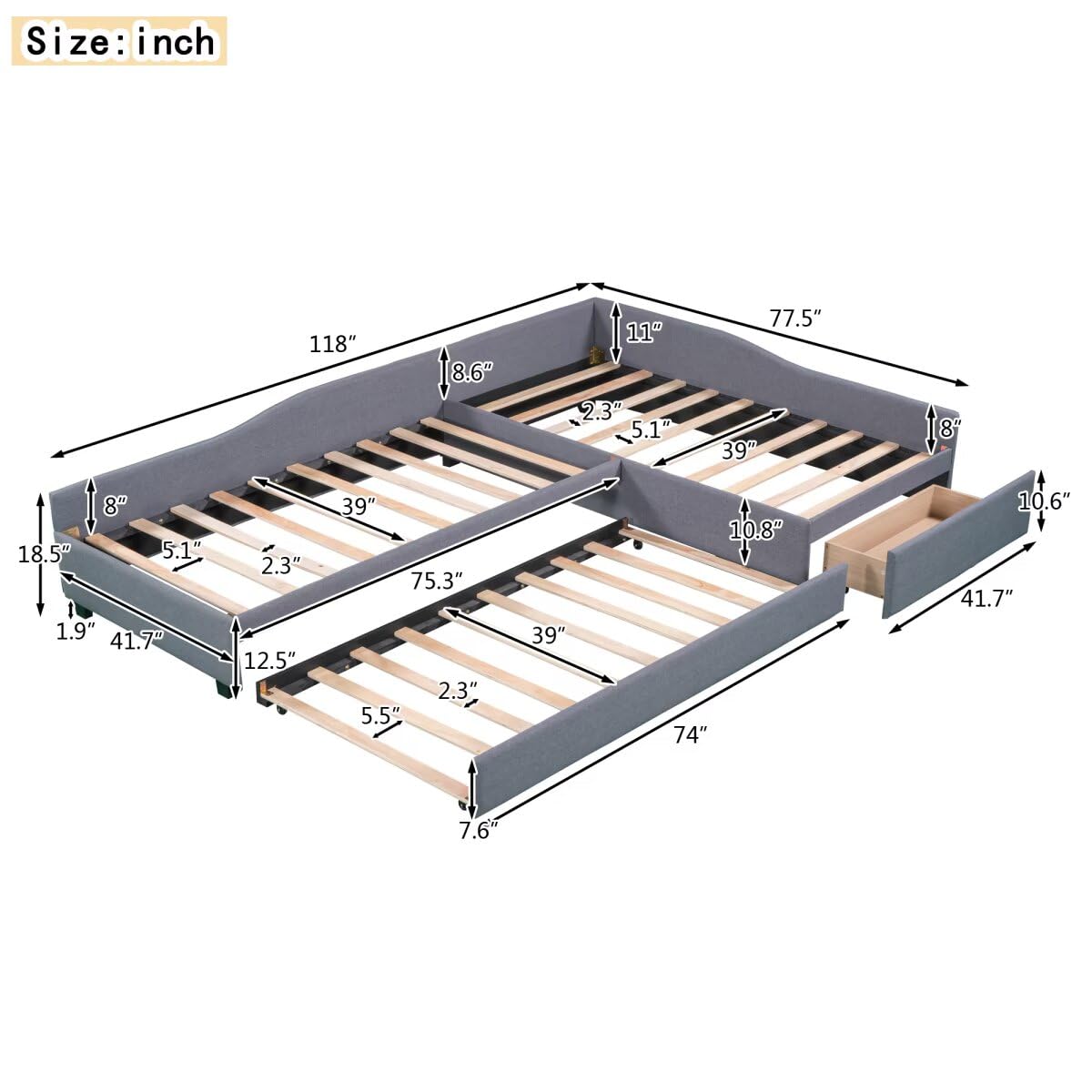 Gray L-Shaped Daybed with Trundle & Drawer W88755