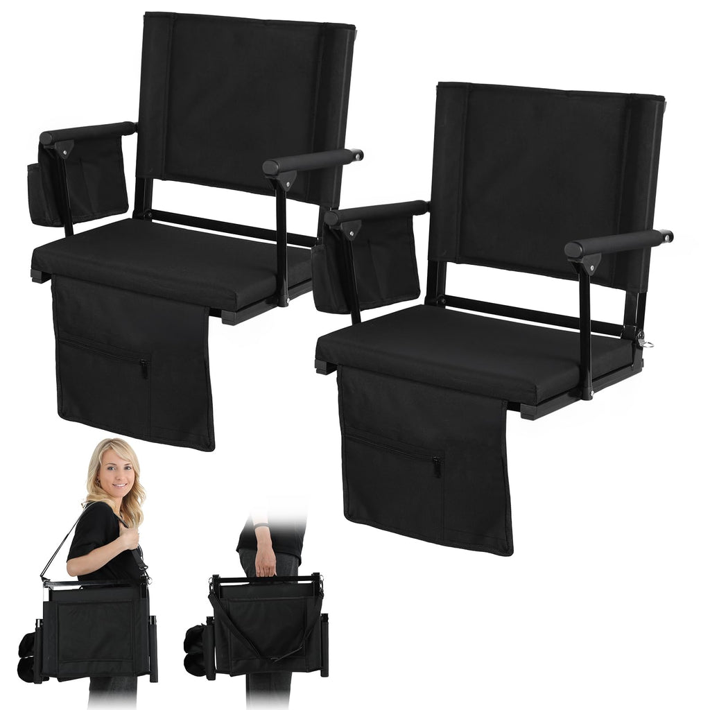 2 Pcs Folding Stadium Seat with Back Support & Cushion Black T4183