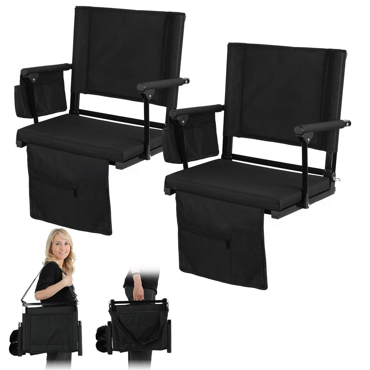 2 Pcs Folding Stadium Seat with Back Support & Cushion Black T4183