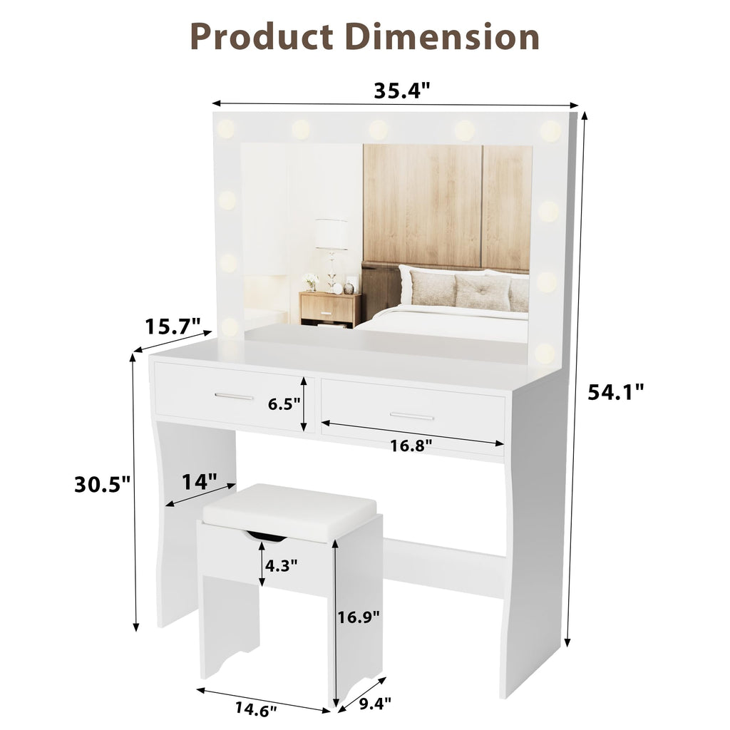 White Vanity Desk Set with Lighted Mirror and 2 Drawers L648