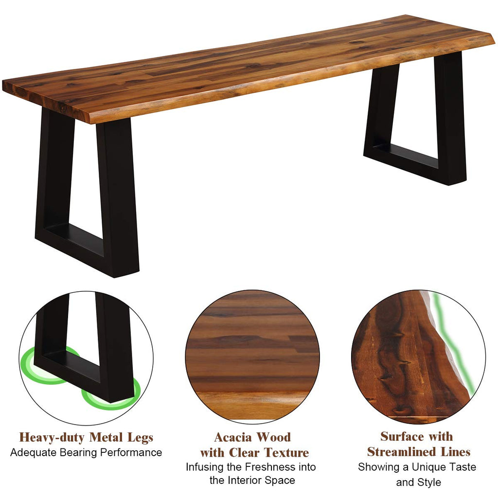 57.5" Live Edge Acacia Wood Outdoor Dining Bench with Metal Legs H813