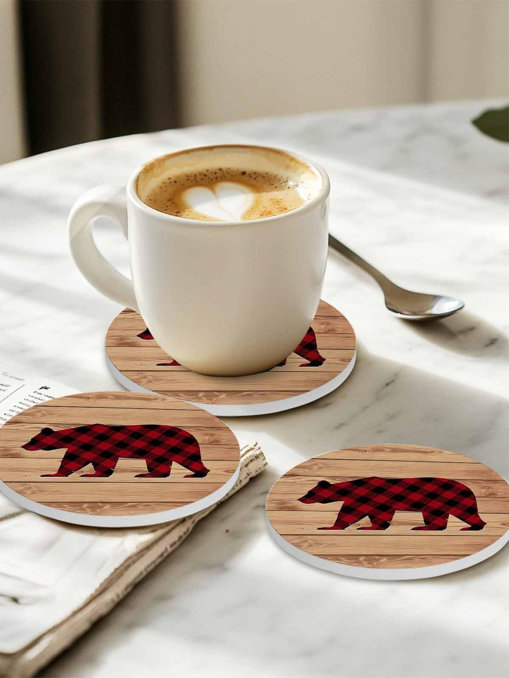 Red Black Plaid Bear Ceramic Coasters Set of 6 with Holder A425