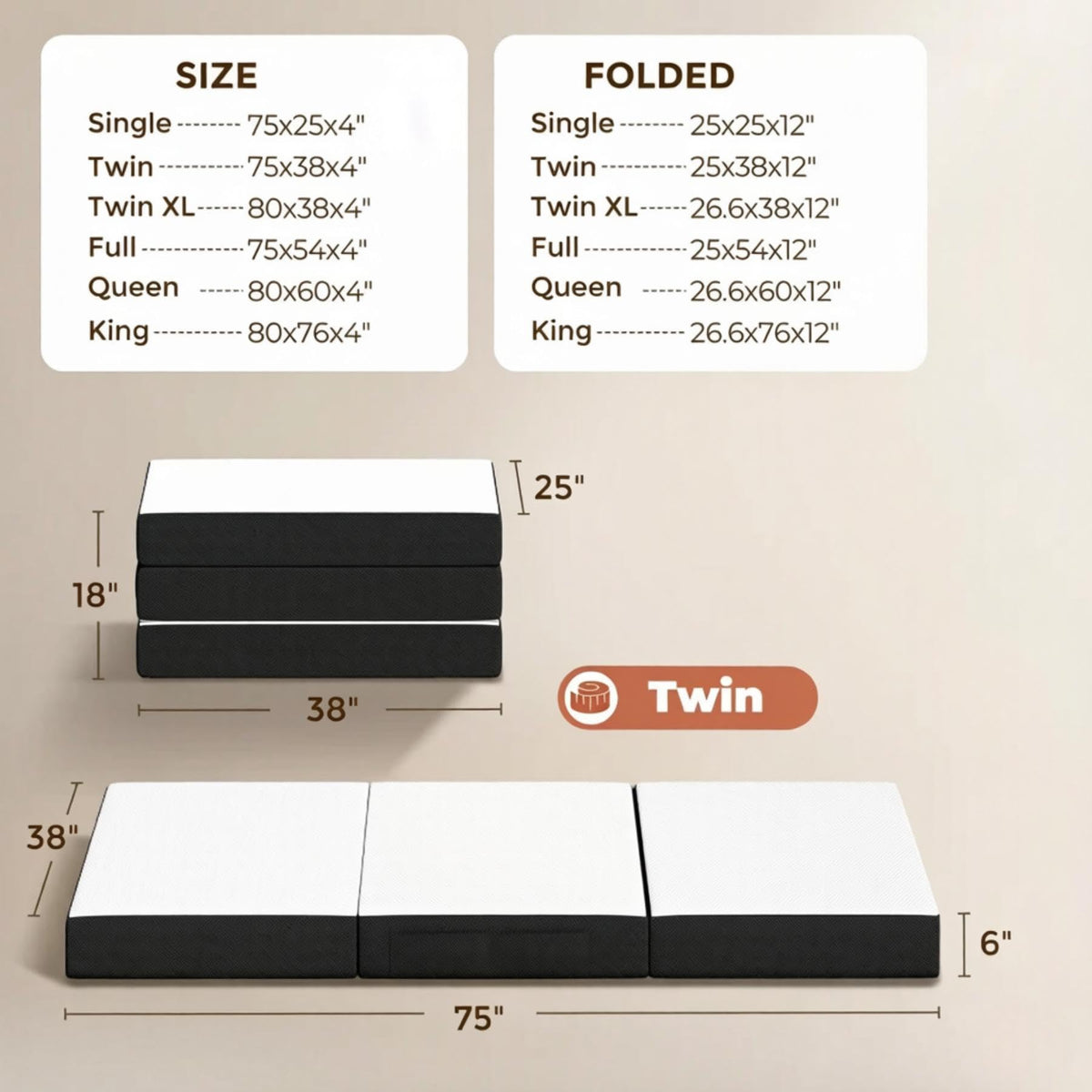 6 Inch Twin Trifold Memory Foam Mattress N3798