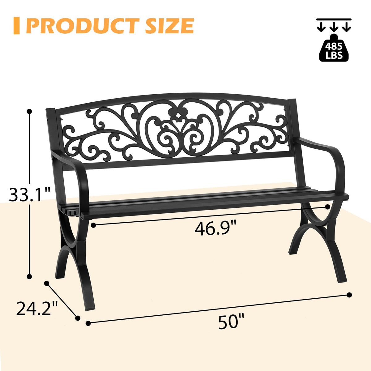 50" Outdoor Garden Bench Black 480lbs Load Capacity M556721