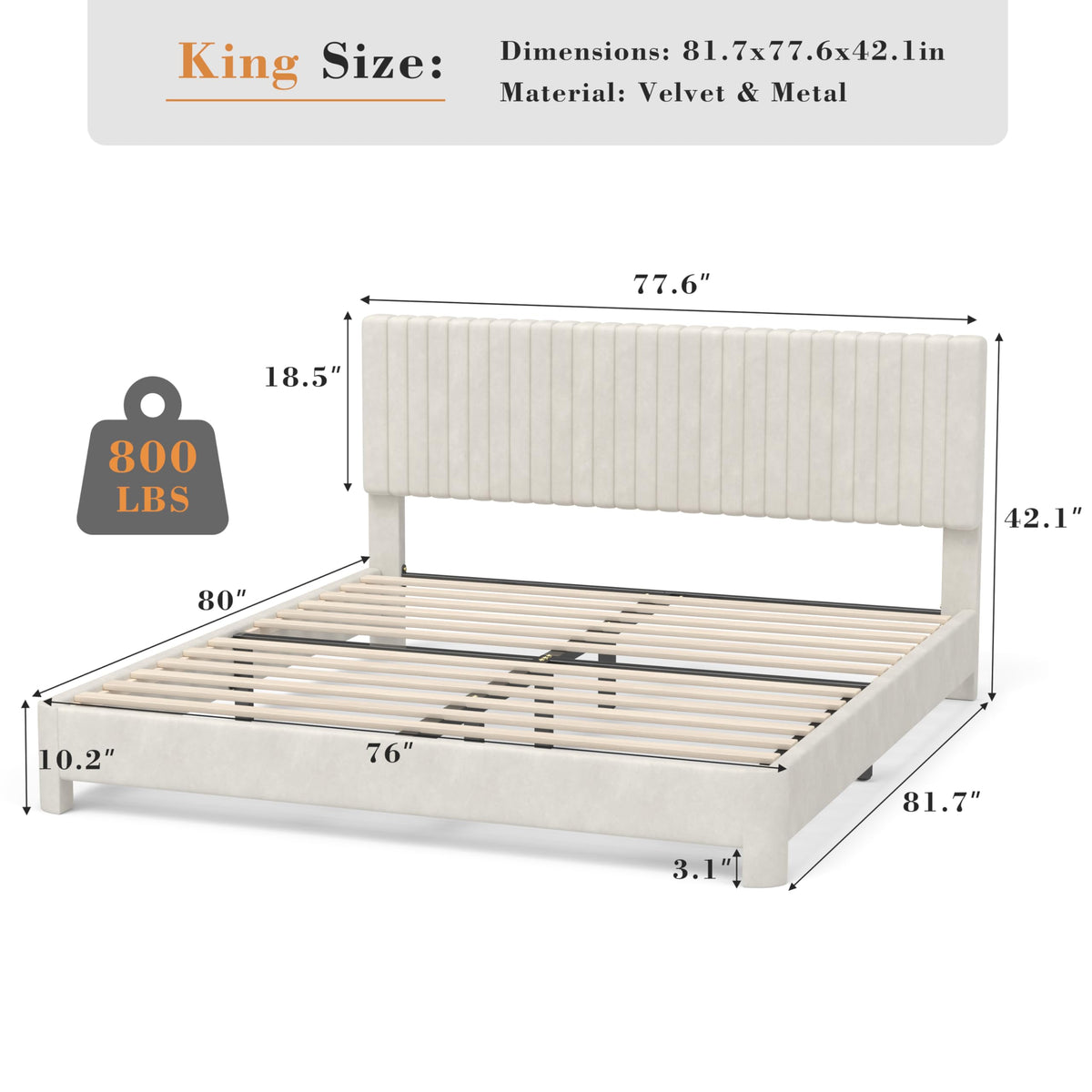 King Size Velvet Upholstered Bed Frame with Headboard J3881