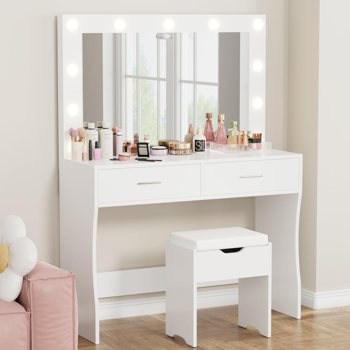 White Vanity Desk Set with Lighted Mirror and 2 Drawers L648
