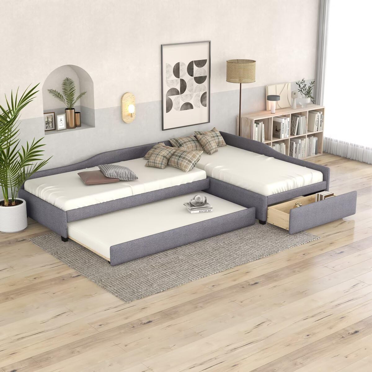Gray L-Shaped Daybed with Trundle & Drawer W88755
