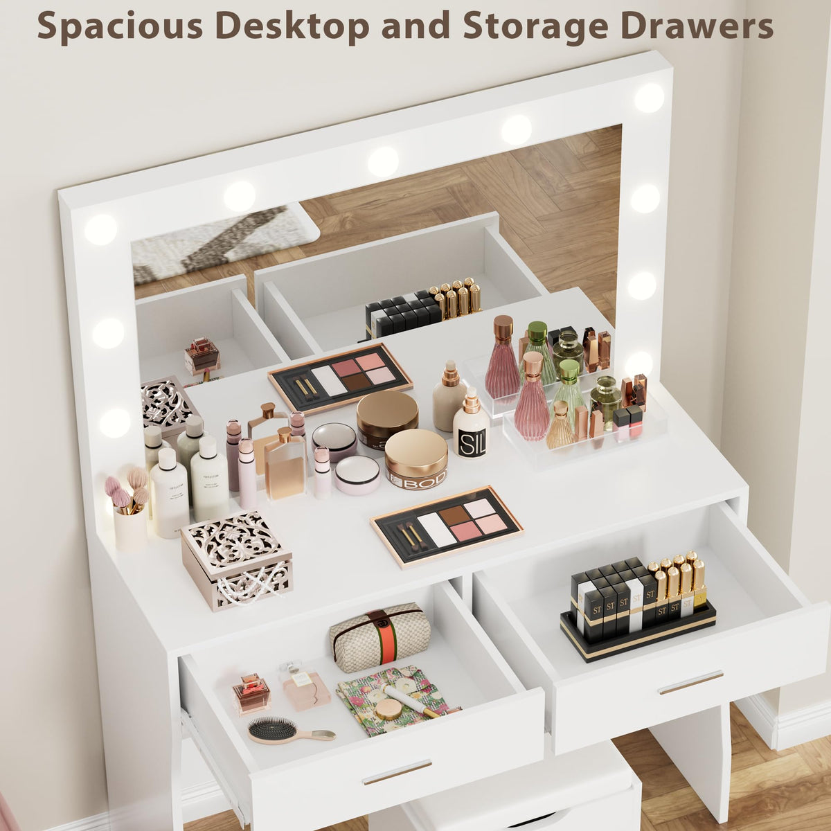 White Vanity Desk Set with Lighted Mirror and 2 Drawers L648