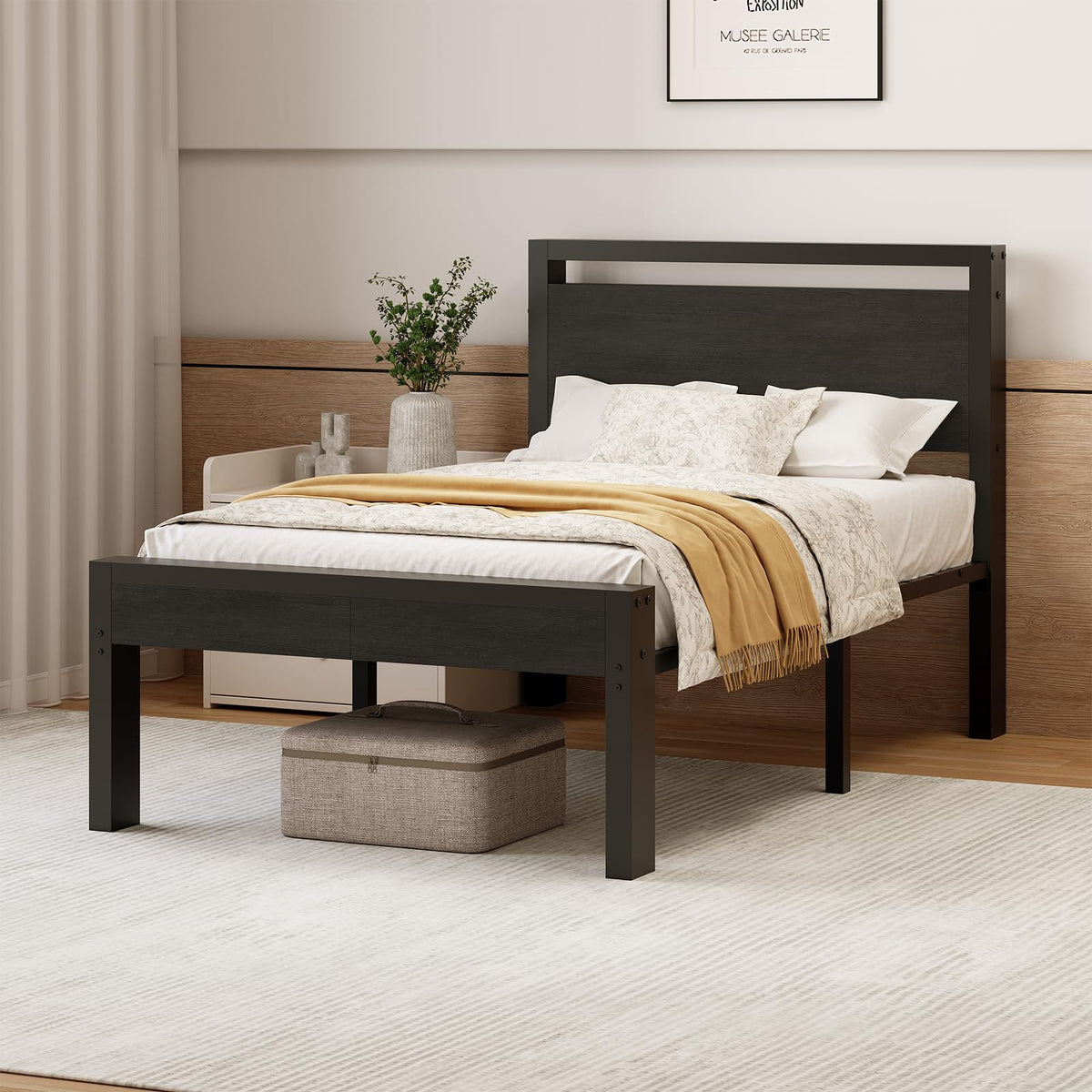 14 Inch Twin Size Metal Bed Frame with Wood Headboard U8116