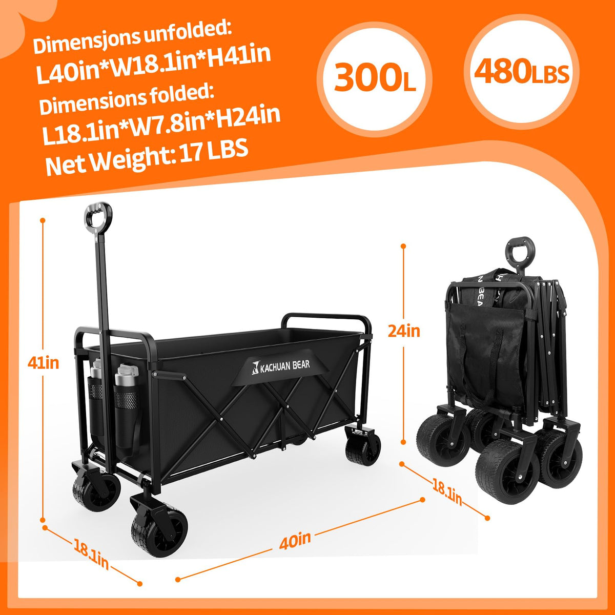300L Foldable Collapsible Wagon Cart with All-Terrain Wheels N942
