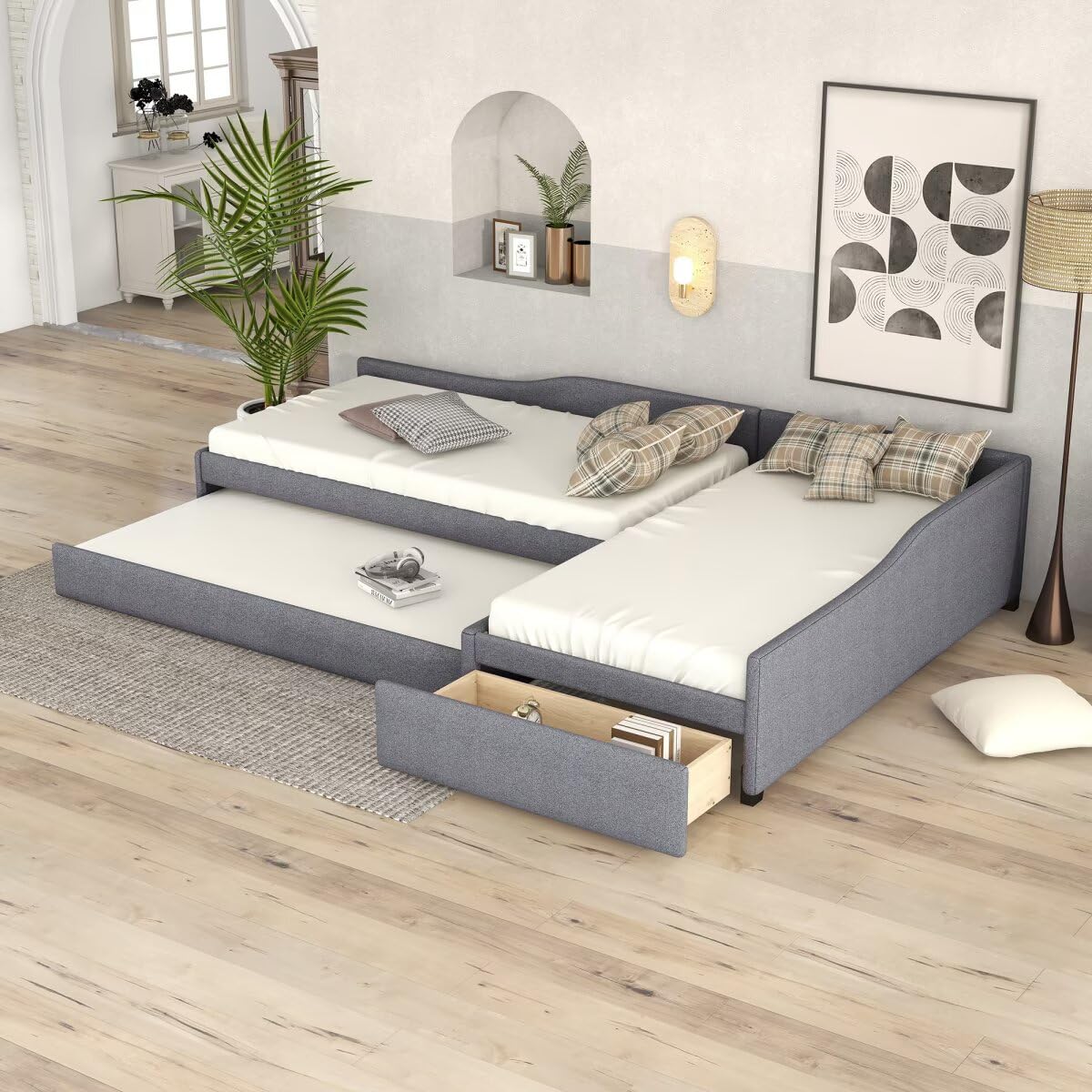 Gray L-Shaped Daybed with Trundle & Drawer W88755
