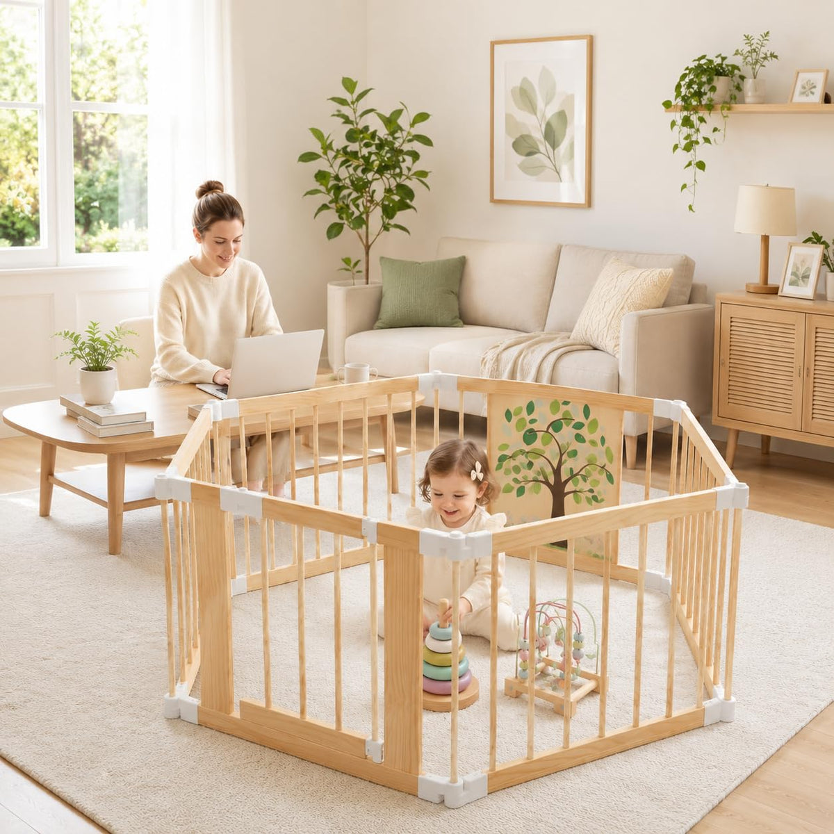 Foldable Wooden Baby Playpen with Adjustable Size and Shape Z819