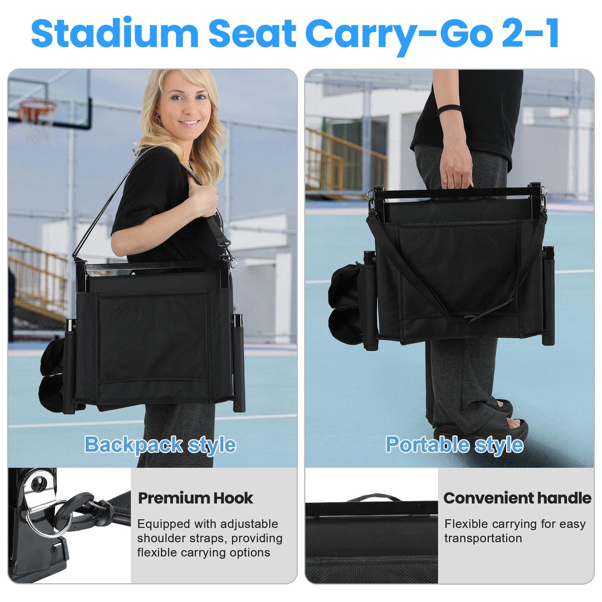 2 Pcs Folding Stadium Seat with Back Support & Cushion Black T4183