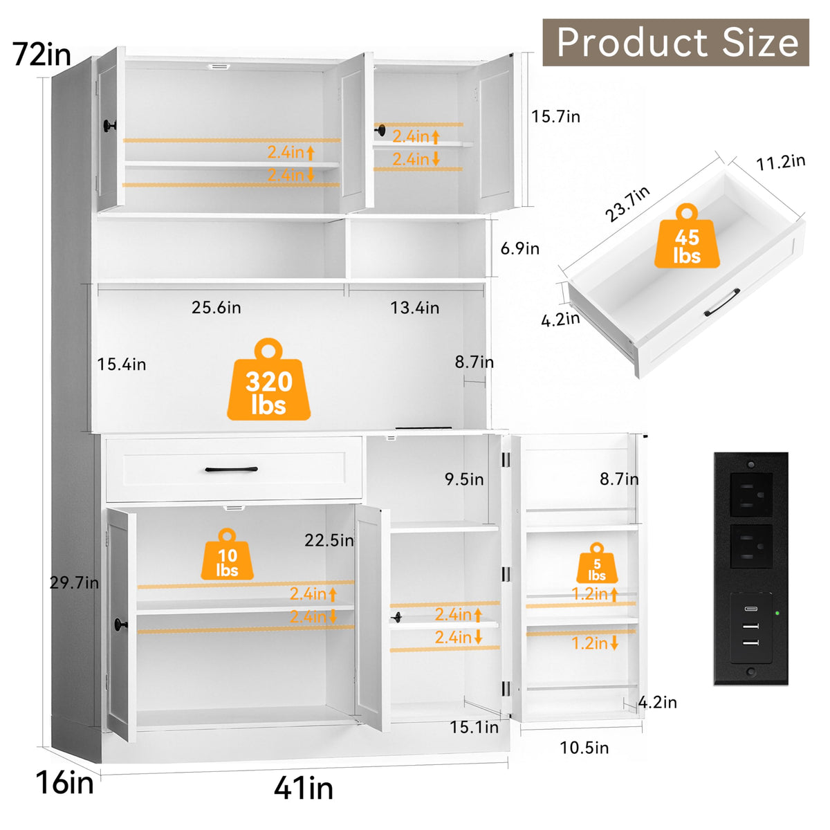 72" Kitchen Pantry Cabinet with LED Light and Charging Station N978