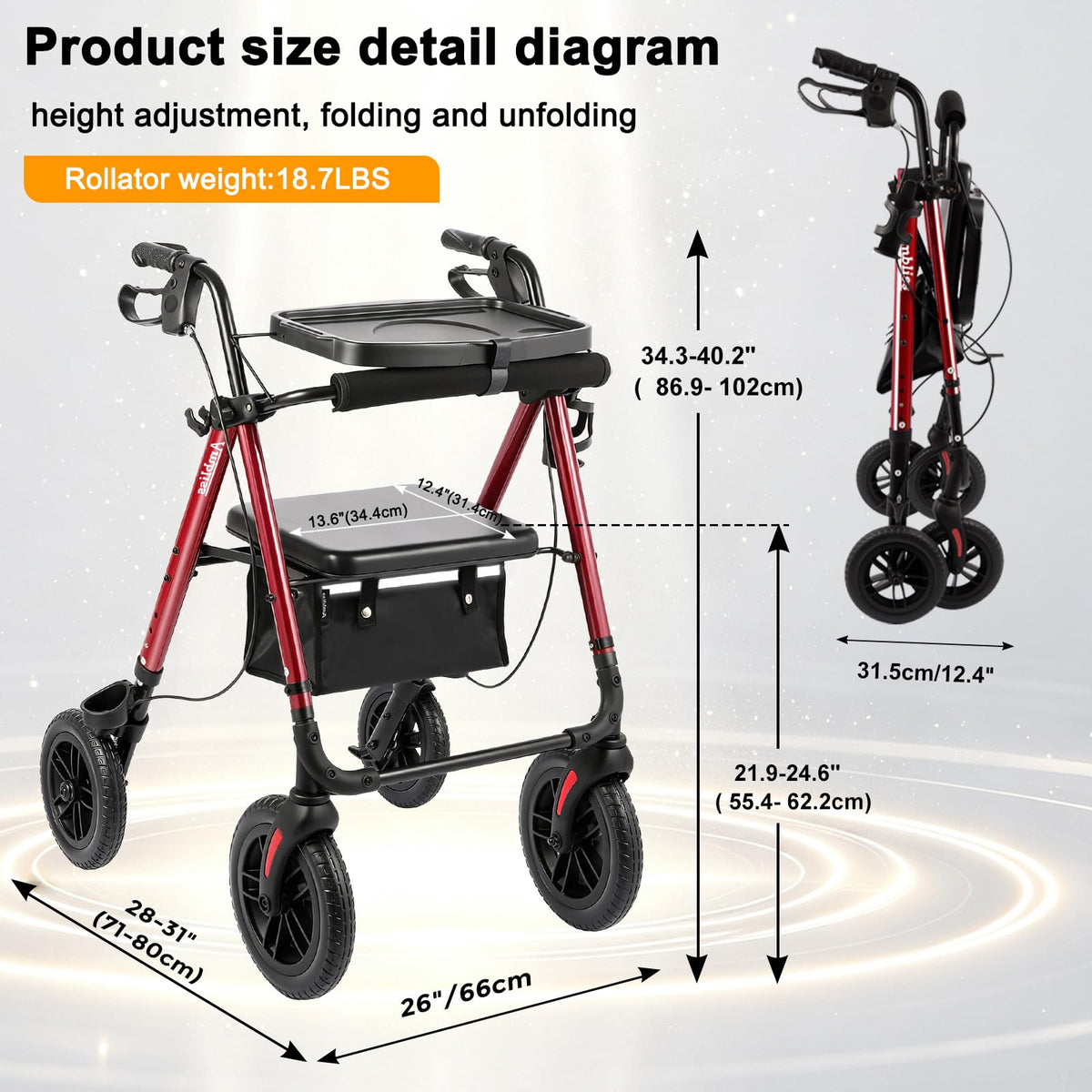 Foldable Rollator Walker with Seat & Tray J754296