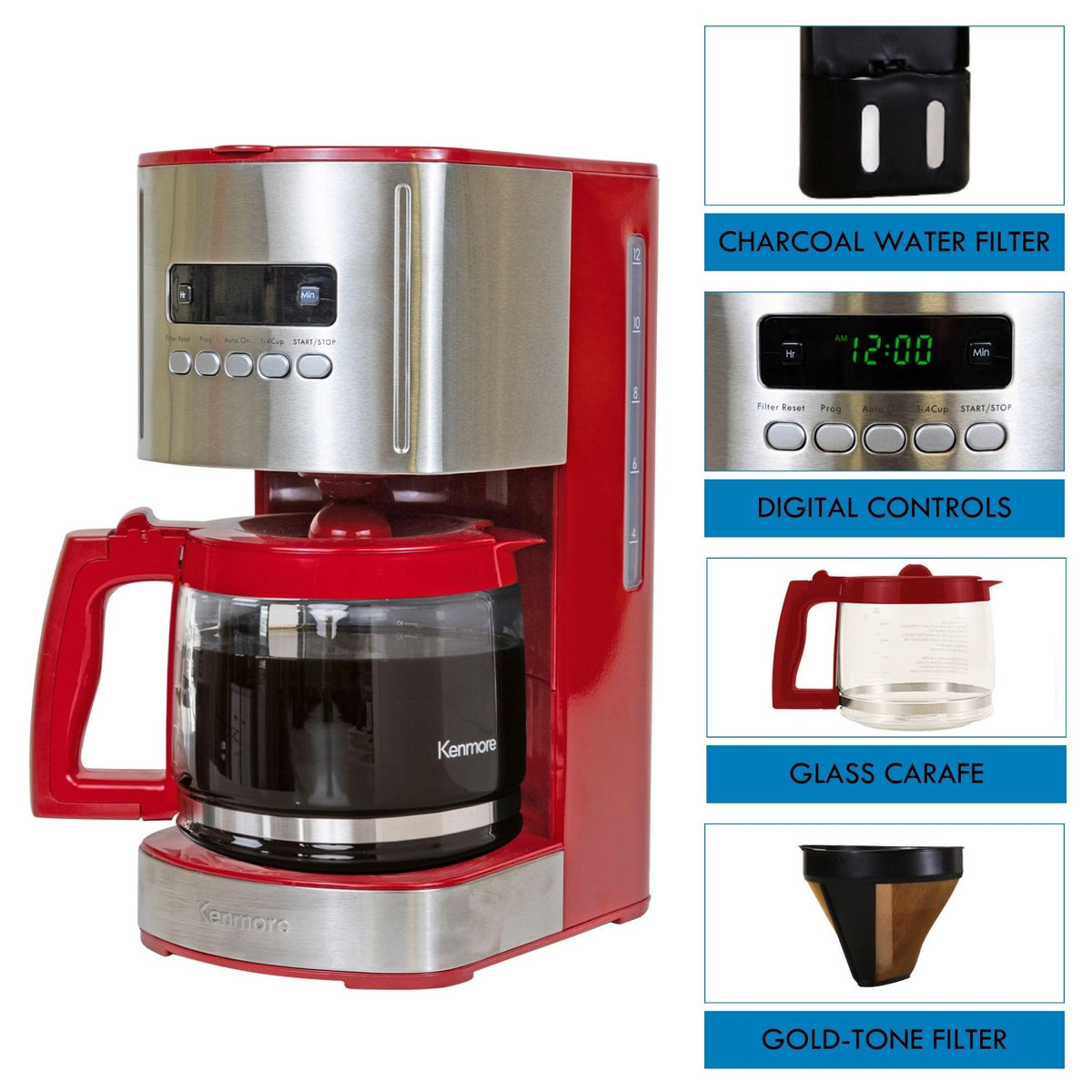 12 Cup Programmable Drip Coffee Maker, Red and Stainless Steel, 12 Pack Charcoal Water Filter L448