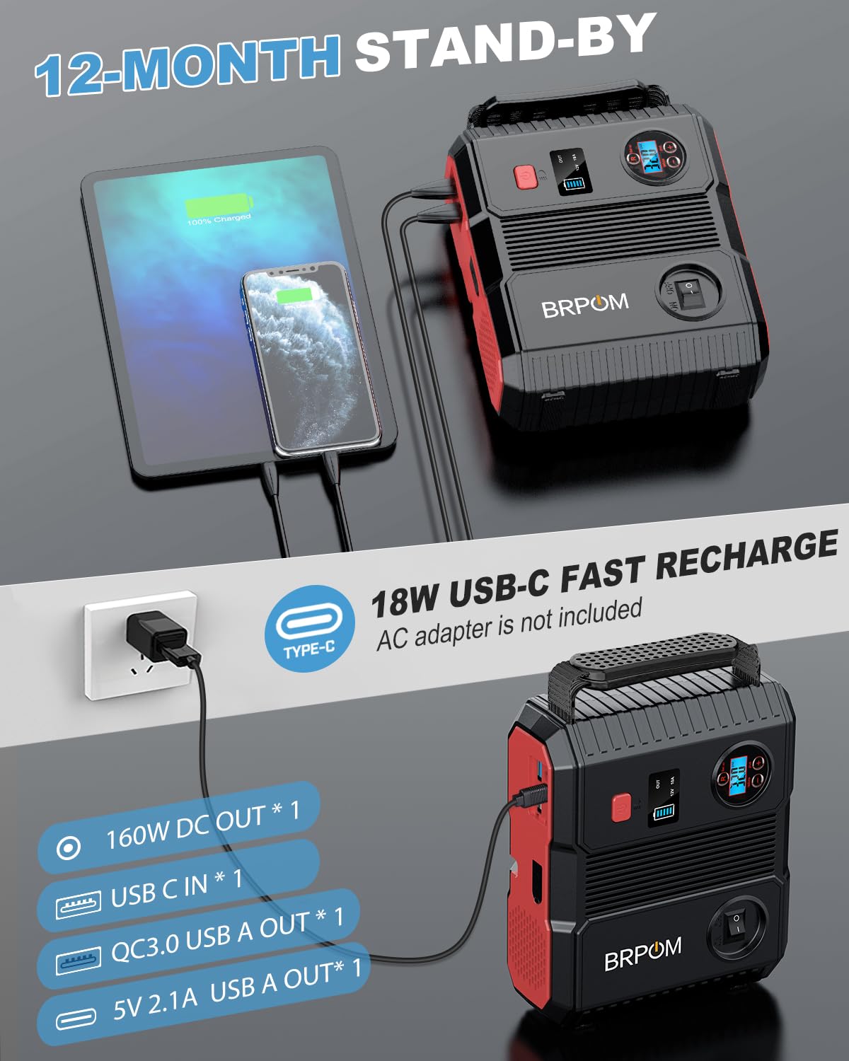Car Jump Starter with Air Compressor 9000A Peak 26800mah 160PSI 12V N12705