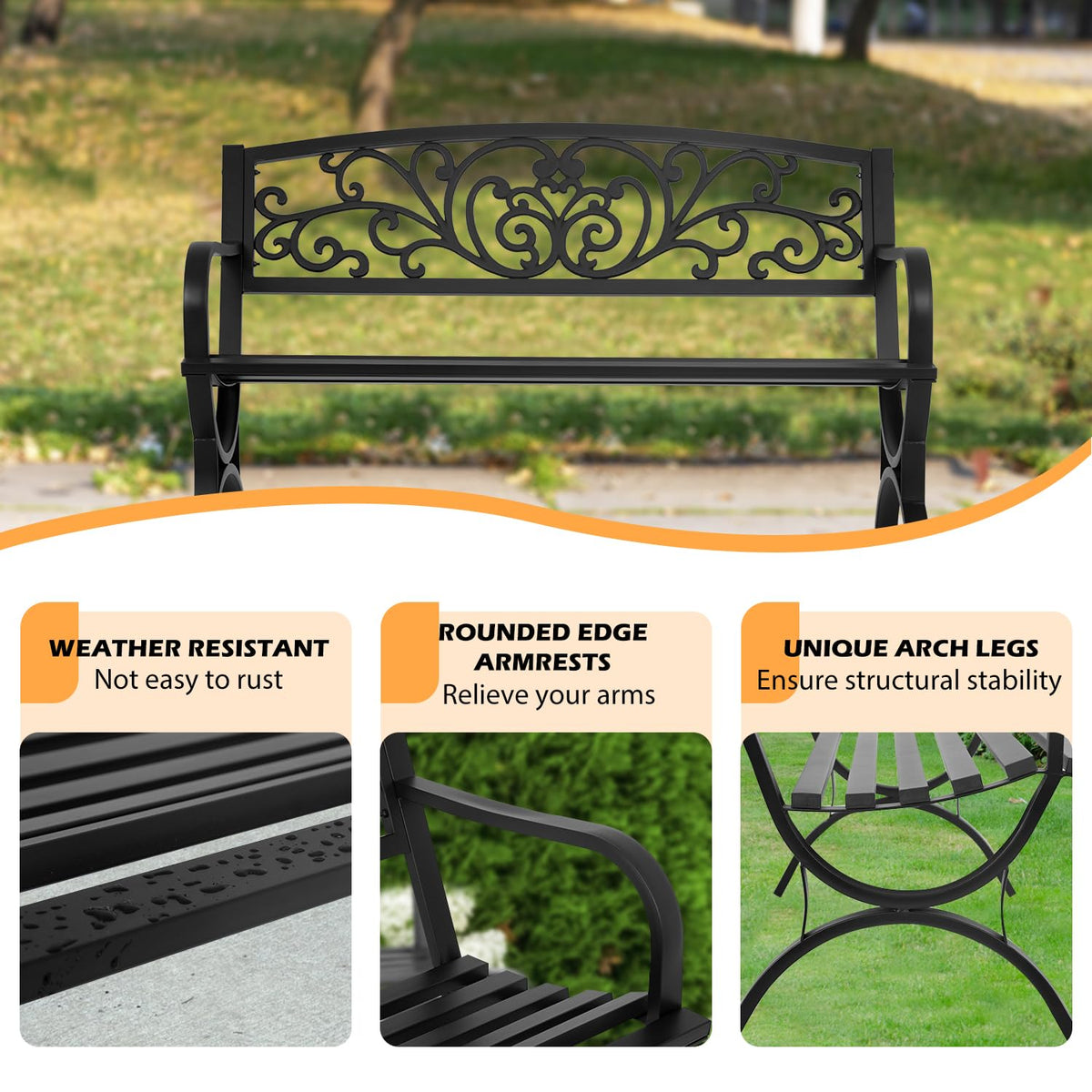 50" Outdoor Garden Bench Black 480lbs Load Capacity M556721