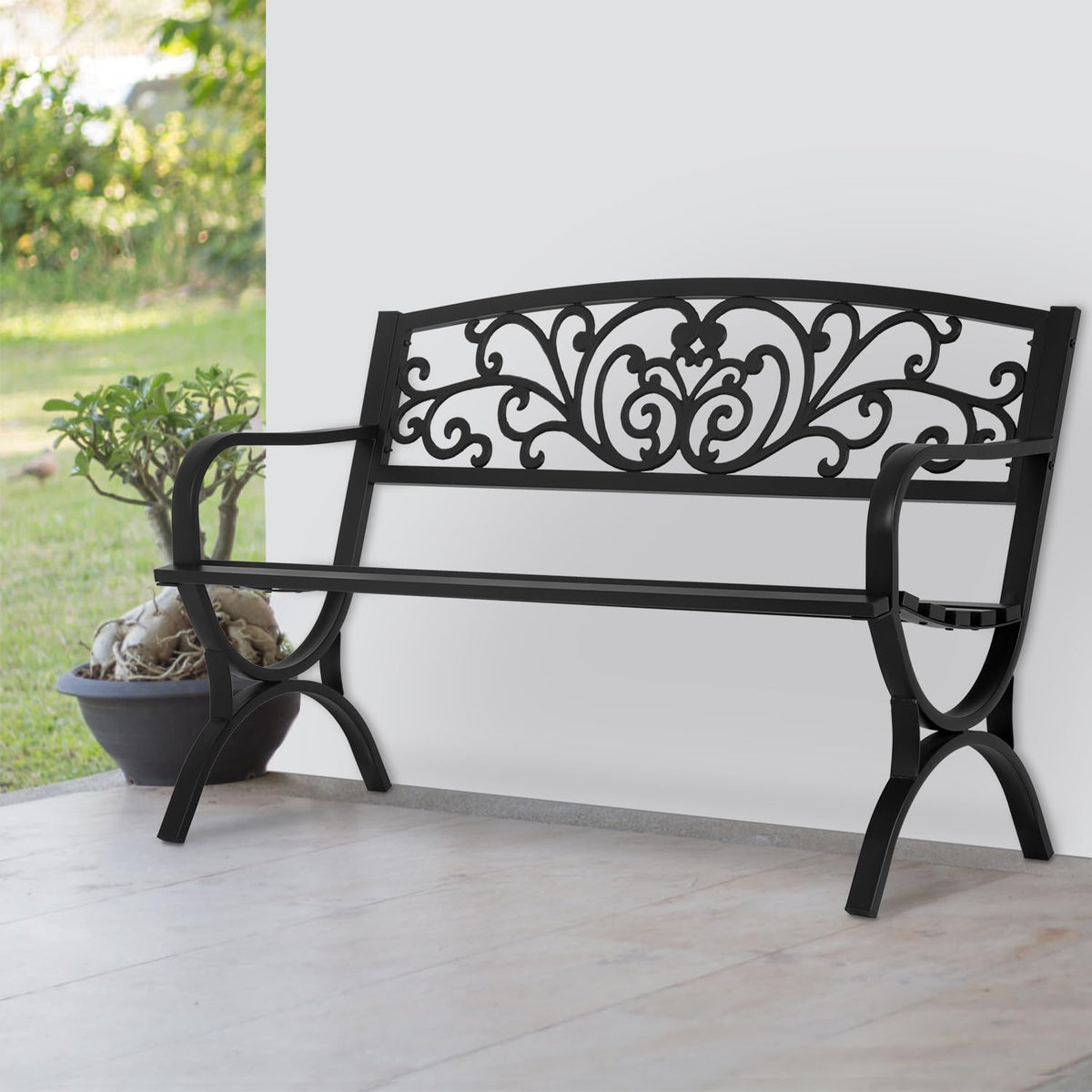 50" Outdoor Garden Bench Black 480lbs Load Capacity M556721