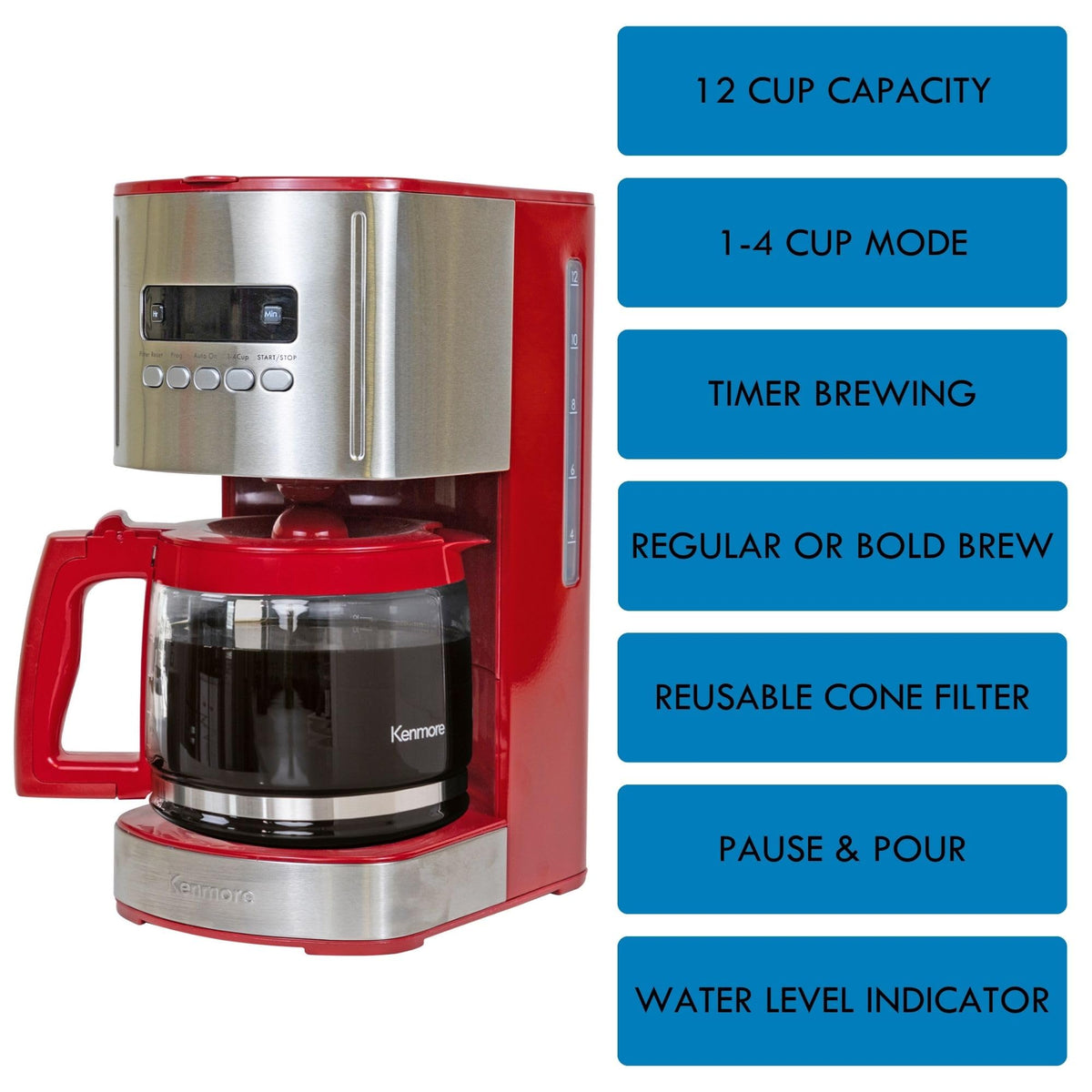 12 Cup Programmable Drip Coffee Maker, Red and Stainless Steel, 12 Pack Charcoal Water Filter L448