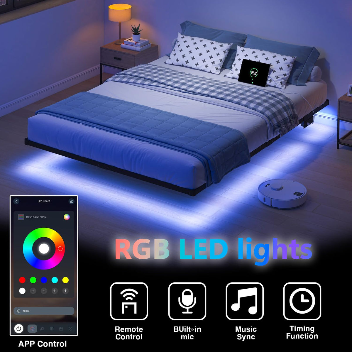 8 inch Floating Bed Frame Full with Charging Station C863206