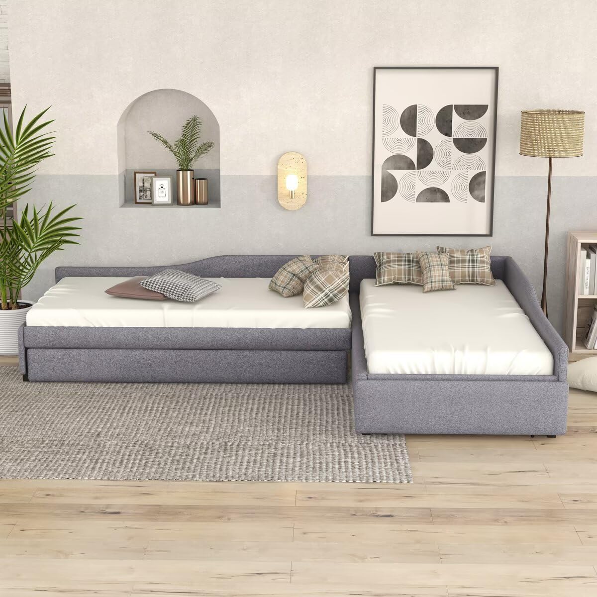 Gray L-Shaped Daybed with Trundle & Drawer W88755