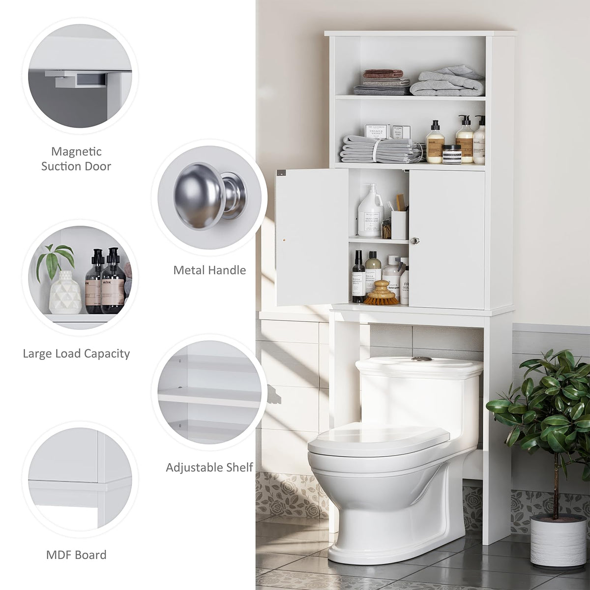 White Over the Toilet Storage Cabinet with Adjustable Shelf B609366