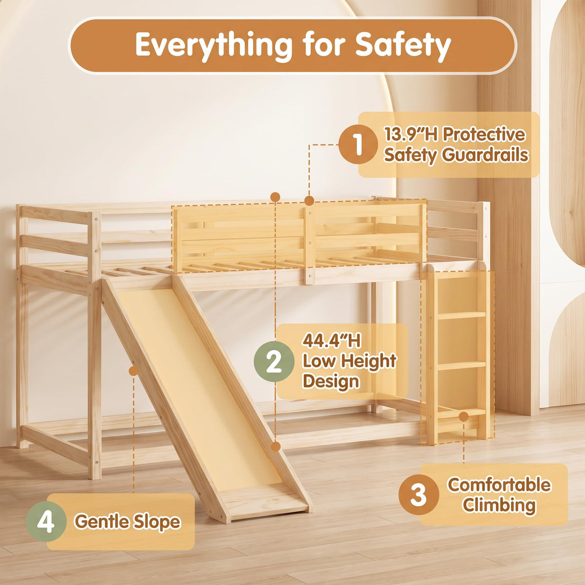 Twin Over Twin Solid Wood Bunk Bed with Slide and Ladder J12293