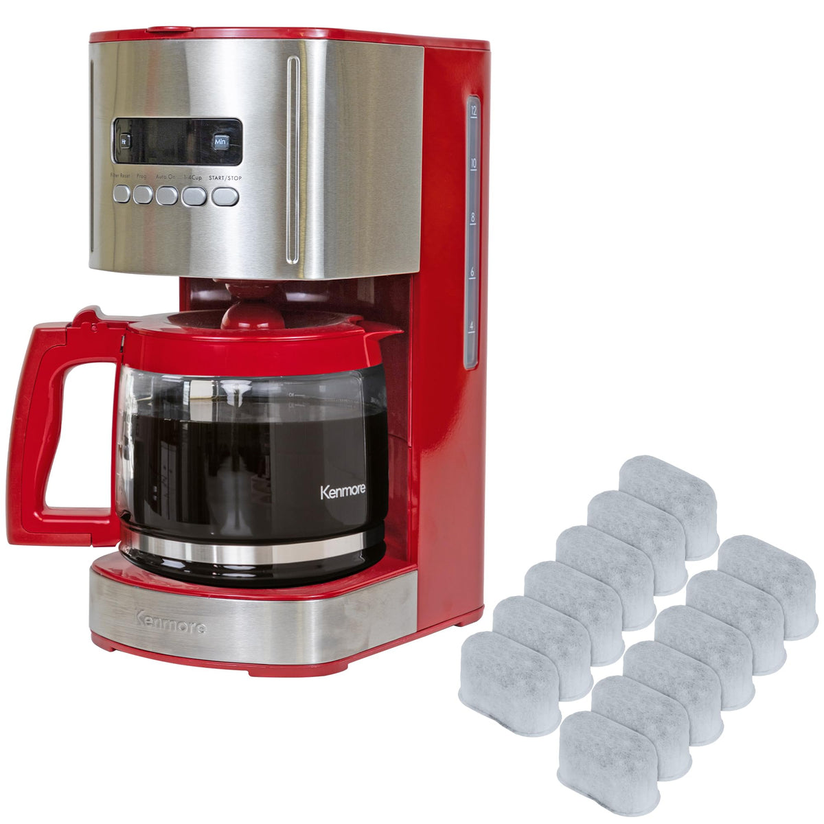 12 Cup Programmable Drip Coffee Maker, Red and Stainless Steel, 12 Pack Charcoal Water Filter L448