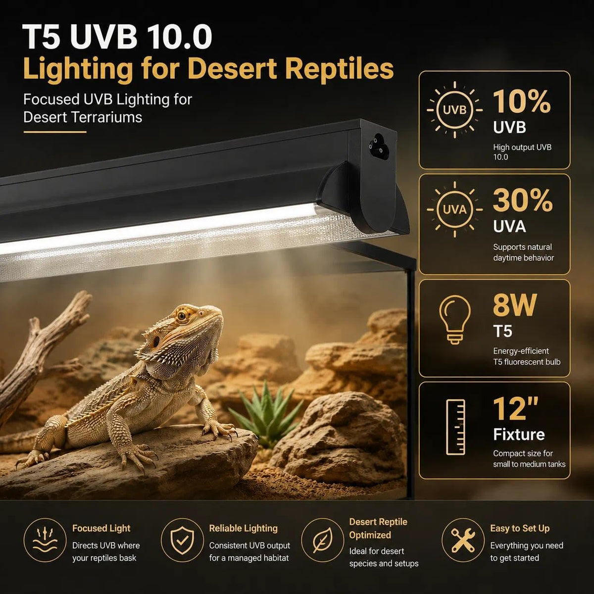 8W 10.0 12 Inch T5 UVB Reptile Light Fixture with Bulb H1102