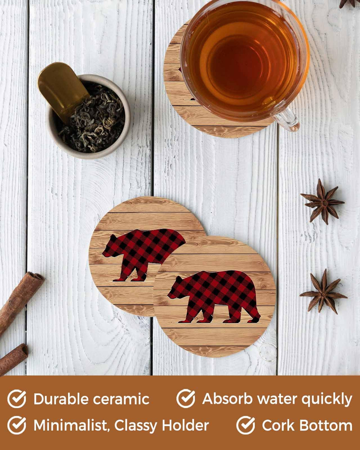Red Black Plaid Bear Ceramic Coasters Set of 6 with Holder A425