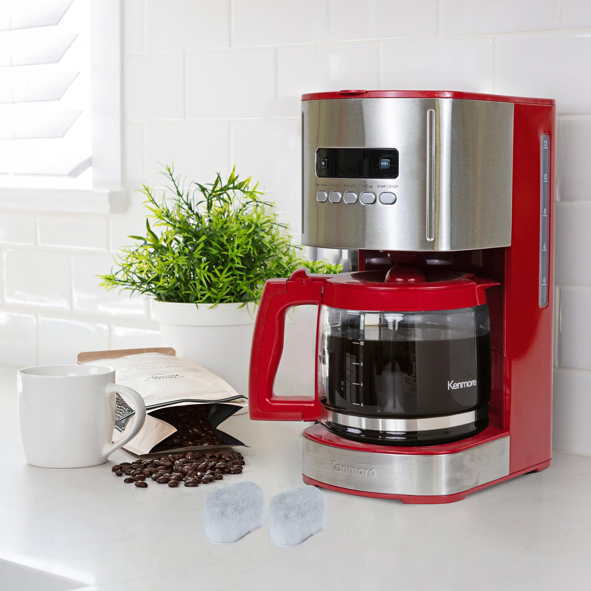 12 Cup Programmable Drip Coffee Maker, Red and Stainless Steel, 12 Pack Charcoal Water Filter L448