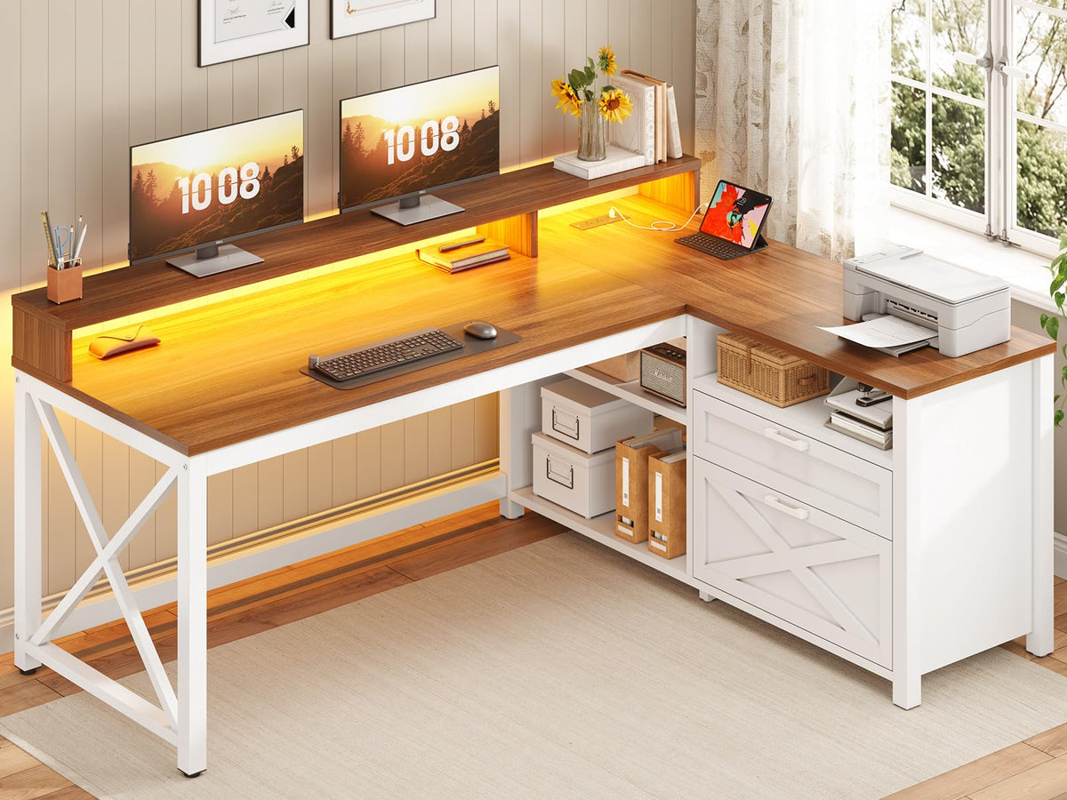 Brown L Shaped Desk with Drawers and Storage Shelves E987737