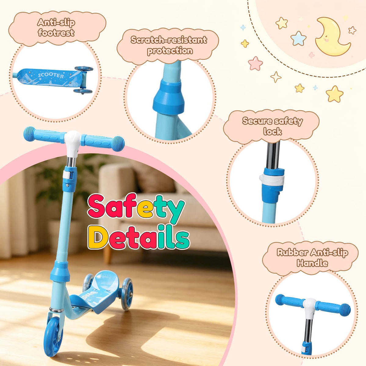 Three Wheel Scooter for Kids 2-5, Light Up Adjustable Height Kick Scooter A138522