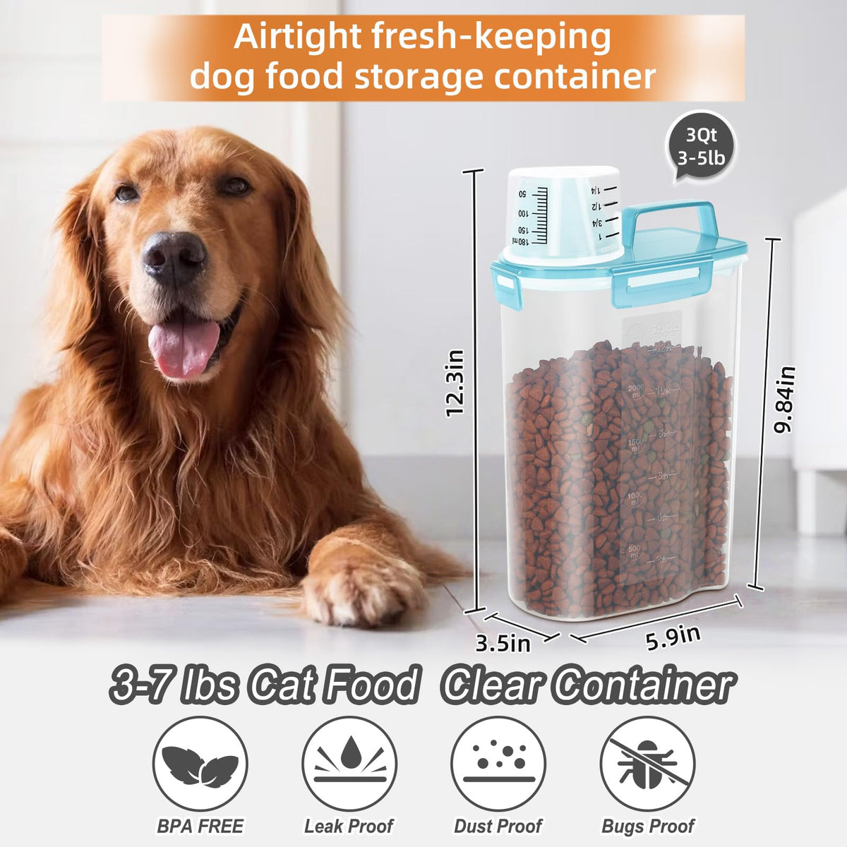 3-5Lbs/3Qt Plastic Pet Food Storage Container with Foldable Bowl A953