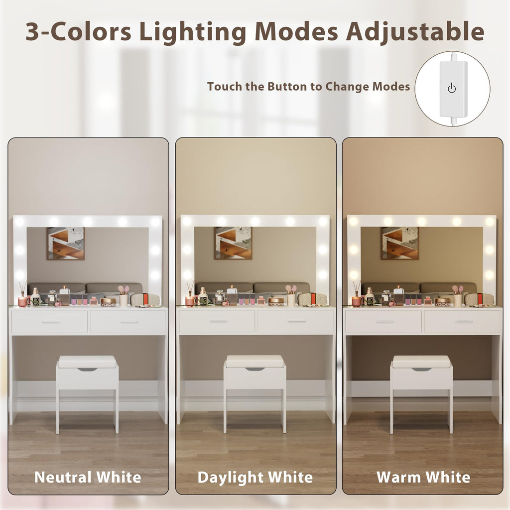White Vanity Desk Set with Lighted Mirror and 2 Drawers L648