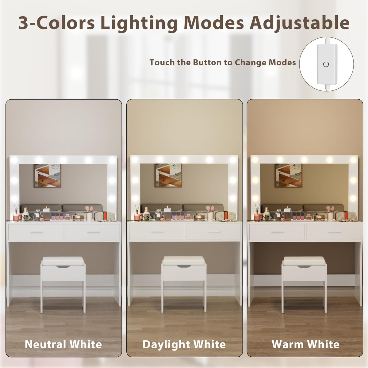 White Vanity Desk Set with Lighted Mirror and 2 Drawers L648