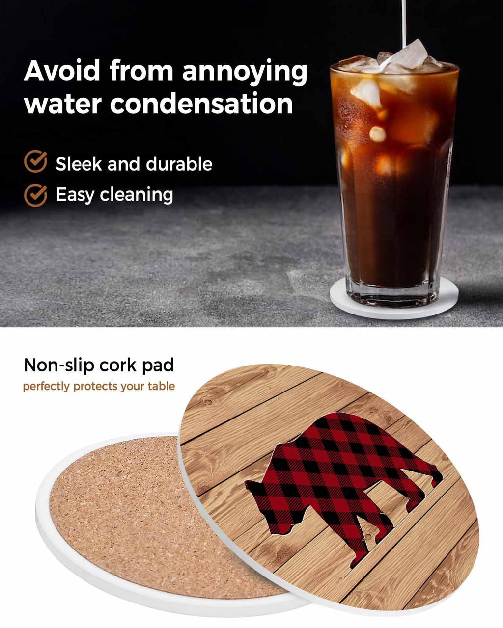 Red Black Plaid Bear Ceramic Coasters Set of 6 with Holder A425