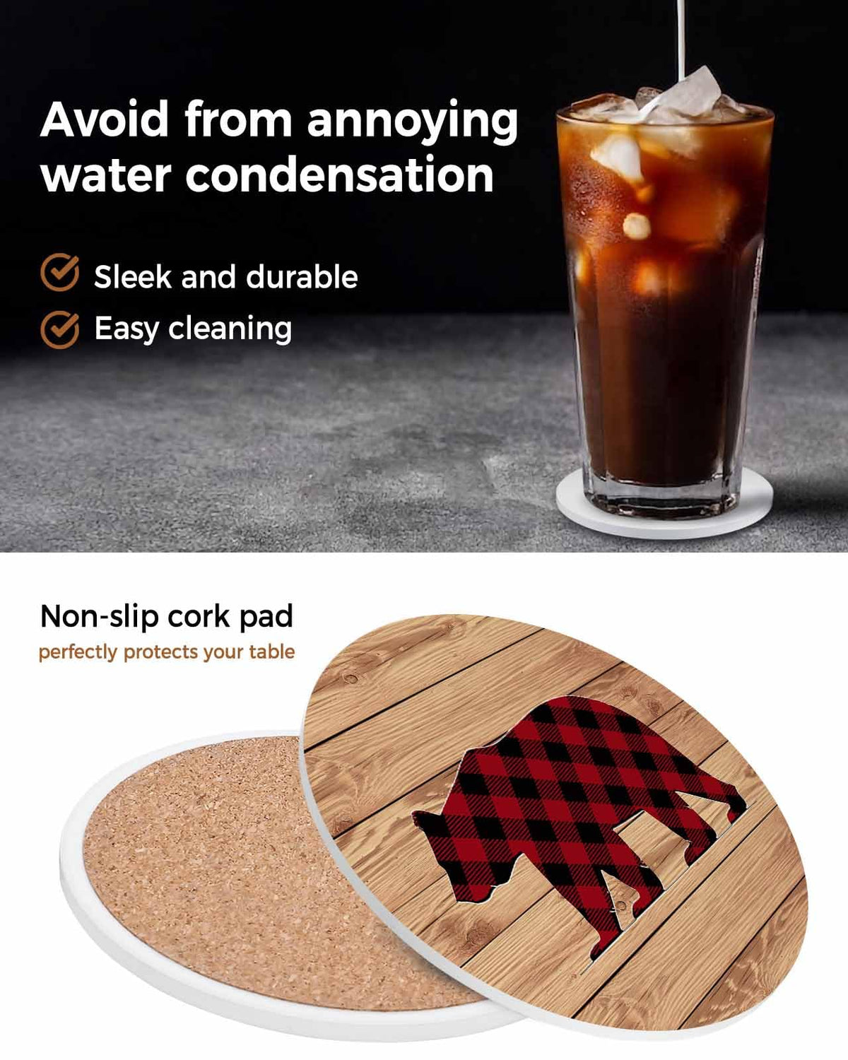 Red Black Plaid Bear Ceramic Coasters Set of 6 with Holder A425