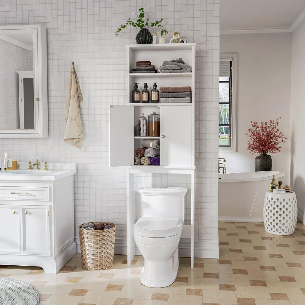 White Over the Toilet Storage Cabinet with Adjustable Shelf B609366