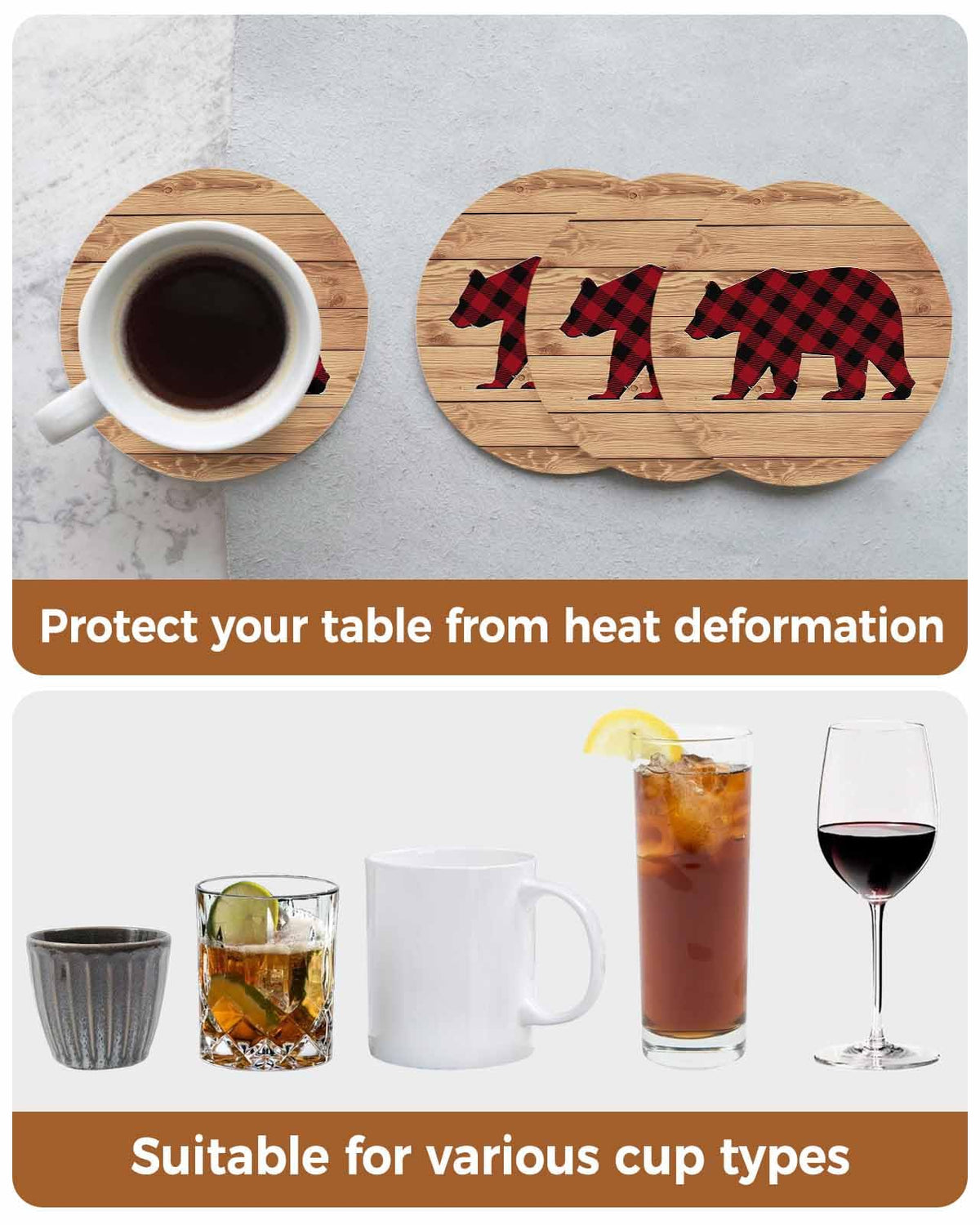 Red Black Plaid Bear Ceramic Coasters Set of 6 with Holder A425