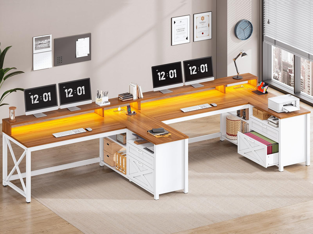 Brown L Shaped Desk with Drawers and Storage Shelves E987737